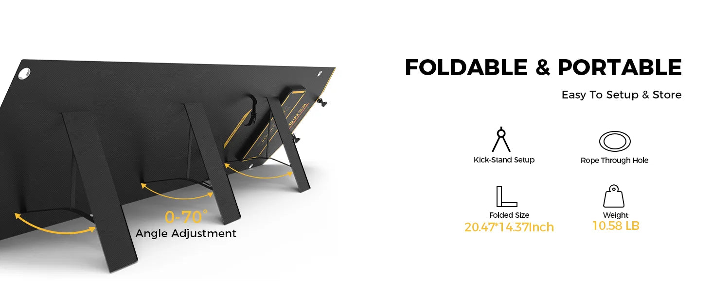 Foldable and portable Lipower solar panel with kickstand setup, rope-through hole, compact size and lightweight design